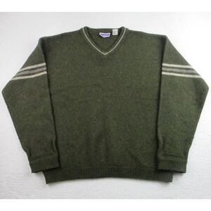 North Crest Sweater Mens Large‎ Green 100% Wool V Neck Pullover Striped Knit